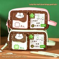 1pc Cute Cartoon Lucky 4-Leaf Clover Cat Pencil Case Student Stationery Large Capacity Storage Pen Bag Back to School Office