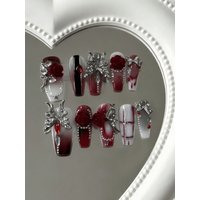 10 Pieces of Long Red Rose and Silver Butterfly Press-On Nails, Gothic Retro Style, Featuring Three-Dimensional Red Roses, Silver Butterflies, and Blood Drops, with Gradient and Three-Dimensional