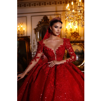 Customzied Dubai Gorgeous Lace Red Wedding Dresses Sparkly Marriage Arabic Bridal Gowns Long Sleeves Vestido De Novia