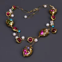 G-G 22' Natural Freshwater White Pearl Colorful Keshi Sea Shell Gold Edge Plated Rose Tiger Eye Chain Necklace Pendant