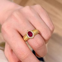 Vintage brushed oval ruby Female Ring vintage sparkling diamond wide red gemstones engagement ring party fine jewelry