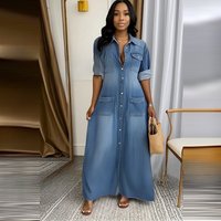Women Dresses Solid Denim Dress Single Breasted Turn Down Collar Long Sleeve High Street Vestidos Buttons Loose Fit Pockets