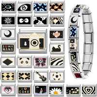 Personalized DIY Black Silver Color Italian Charm Bracelet Camera Guitar Zebra Stripes Bead 9mm Bracelet Stainless Steel Jewelry