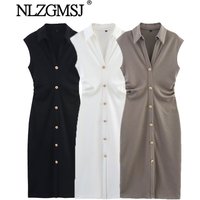 Nlzgmsj 2025 Summer Single Breasted Dress Woman Ruched Sleeveless Long Dresses for Women High Street Casual Women'sDresses