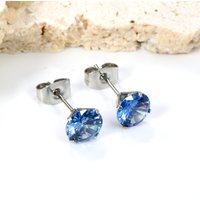 4 Prong Oval Sapphire Blue Zircon Stud Earrings 316L Stainless Steel Silver Minimalist Basic Hypoallergenic Unisex Anti Tarnish