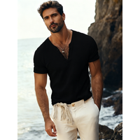 Elegant Black Henley Short-Sleeve T-Shirt for Men – Luxe Cotton Blend, Minimalist Button Placket, Breathable Silhouette, Timele