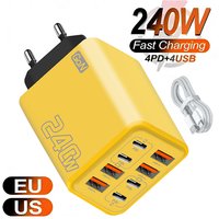 Chargeur USB C GaN 240W 8 en 1, charge rapide, adaptateur secteur pour iPhone, Samsung, Xiaomi, Type C, prise EU/US
