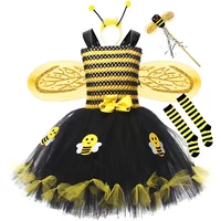 Girls Cosplay Bee Costume Sleeveless Tulle Dress Headband Leg Warmers Wand Wing Sets for Cosplay Party