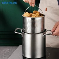 JUSTINLAU 3L Deep Fryer Pot Double Ear Fried Soup Pot Stainless Steel Deep Fryer with Filter Basket Induction Cooker Universal