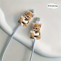 2D Flat 2pcs Cute Cat with Glasses Data Cable Protector Acrylic Flat Design Connector Cover For iPhone Type-C Phone Cable