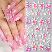 1/2pcs Embossed Pink Flower Nail Art Stickers Blooming Floral Petal Water Ripples Line French Pattern for Spring DIY Nail Decal