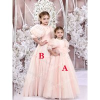 A-line/Princess High End Mesh First Collar Dress High Waist Bubble Sleeve Flower Girl Dresses Customized Wedding Party Dress