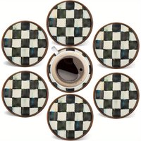 2D Flat 6pcs 4in Plaid Round Wooden Cup Coasters Heat-resistant Slip-resistant Artistic Coffee Tea Cup Matss Home Kitchen Gifts