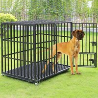 Large Heavy Duty Dog Crate Strong Pet Cage Tear Resistant Square Tube Metal Kennel Playpen with Lockable Wheels and Tray