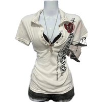 Subculture Y2k Millennial Slim Outfits Hot Girl White Sexy Letters Short Sleeve T-shirt Streetwear Vintage Slim Waist Women Tops