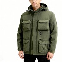 Men's Outdoor Fleece-Lined Warm Jacket with Multiple Pockets, Detachable Sleeves and Hood, Nylon, Vintage Style, Zip-Up Closure