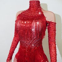 Elegant Red Rhinestone Bodysuit Women Sexy Long Sleeve Tassel Singer Dance Performance Costume Party Nightclub Celebration