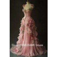 Customised Pink Prom Dresses Pink Spaghetti Straps Tulle Long 3D Flower Embellished Evening Gowns Banquet Dress Formal Occasion