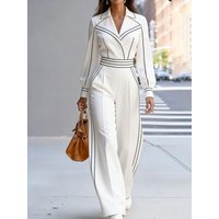 Bonboho Women's White Black Contrast Trim Collared High Waist Wide Leg Jumpsuit Elegant Office Jumpsuit for Work & Formal Events