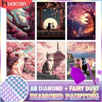 HUACAN Diamond Mosaic Cat Animal AB Fairy Dust Drill Diamond Painting Cherry Blossom Pictures Complete Kit Wall Decor