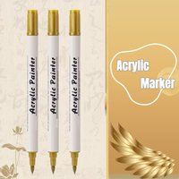 5pcs Golden Acrylic Paint Marker Dual Tip Brush & Fine Tip Metallic Golden Paint Pen for Art Craft Drawing