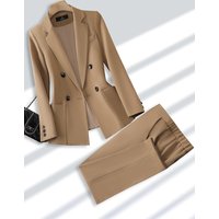 Fashion Ladies Pant Suit Formal Women Office Business Work Wear Blazer And Trouser Beige Black Khaki 2 Piece Set With Pocket