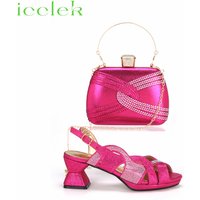 New Hot Selling High Quality Peep Toe Crystal Design Shoes and Bag Set For Party Women in Fuchsia Color