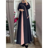 ZANZEA Women Vintage Patchwork Dress Robe Femme Islamic Clothing Ramadan Maxi Vestido Casual Long Sleeve Abaya Muslim Sundress