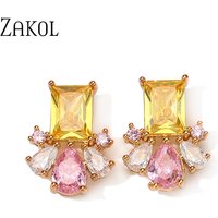ZAKOL Fashion Colorful CZ Flower Stud Earrings for Women Square Cubic Zirconia Girls Ear Wedding Party Jewelry