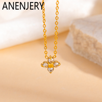 ANENJERY 316L Stainless Steel Four Leaf Flower Zircon Pendant Necklace For Women Luxury Temperament Jewelry Gifts Wholesale