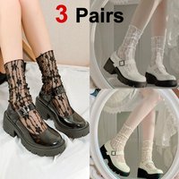 3 Pairs Women Floral Patterned Lace Round Neck Socks Fashionable Paired Summer Sweet Style Comfortable Breathable Casual Socks