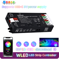 DOMRAEM WLED Digital Music LED Controller with Mic & Relay -ESP32 2CH 16A for WS281X/SK6812 (800ICS). Type-C & UART. Alexa/HA.