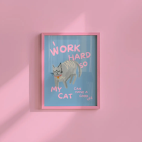 Humorous Cat Lover Wall Print Decor - Whimsical Brushstroke Illustration of a Plump Gray Cat with a Red Collar, Featuring the Re