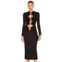 Waist Hollow Out Midi Bandage Women Summer Black Long Sleeve Bodycon Elegant Metal Sexy Club Evening Celebrity Party Dresses