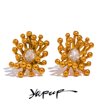 Yhpup Delicate Bling Cubic Zirconia Stainless Steel Flower Plant Stud Earrings Gold Color Temperament Metal Jewelry for Women
