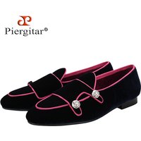 Piergitar Classic Model Navy And Purple Velvet Men Monk Shoes With Sliver Buttons For Party And Prom Handmade Slip-On Loafers