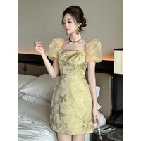 New Vintage Sparkly Gold Print Square Collar Evening Dress Women Clothes Elegant Puff Sleeve Slim Party Birthday Vestidos Fiesta