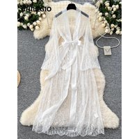 CHILLGIO Women Transparent Lace Long Dresses Temptation Nightgown Sexy Lace Up Bow Hight Waist Adlut Dress Luxury Elegant Dress