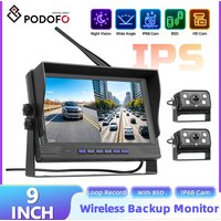 Podofo 9-calowy monitor samochodowy IPS z 2 bezprzewodowymi kamerami cofania, wodoodporny IP68, kamera cofania z noktowizorem na podczerwień do kampera