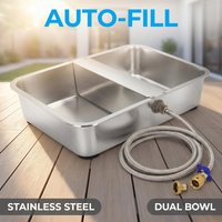 Stainless Steel Double Bowl Auto Dog Water Disp W/ Hose & Quick Connect - Continuous Flow Water Fountain, Non-Slip Leak-Proof