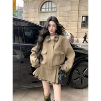 Sweet Preppy Style 2-Piece Set Women Vintage Plaid Doll Collar Coat + High-Waist Pleated Mini Female Elegant Fashion Skirt Set