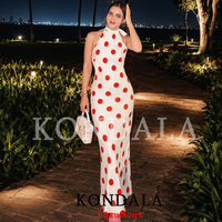 KONDALA Holiday Chic Women Long Halter Dress Polka Dot Sleeveless Backless Lace-up Draped Dress Fashion 2026 Summer Beach Dress