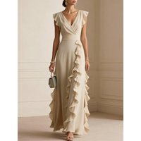 Women V Neck Ruffle Maxi Dress Sleeveless Chiffon Long Dress Wedding Guest Evening Party Formal Dress
