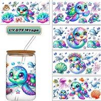 Cute Sea Turtle UV DTF Decals Waterproof Durable Easy-to-Apply Ocean Animal Stickers for 16oz Glass Cans