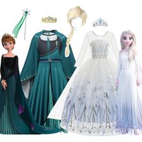 Disney Frozen Princess Elsa Anna Dress for Girls White Long Sleeve Lace Dress with Cape Festive Party Snow Queen Costume 2-10Yrs