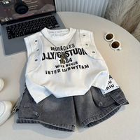 Boys Summer Streetwear Cool Vest Outfit 2-10 Years Letter Sleeveless T-shirt & Denim Cargo Shorts 2-Piece Kids Casual Cotton Set