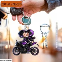 2D Flat Mini Motorcycle Rider with Passenger Keychain, Cute Couple Acrylic Pendant for Car Keys Backpack Phone.