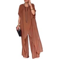 2Pcs/Set Vintage Women Outfit Round Neck Long Sleeve Irregular Hem Tops Elastic Waist Long Pants Set Casual Solid Color Outfit