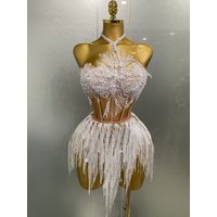 2025 Sexy Pearl Sequins Tassel Sleeveless Glitter Mini Dress Women Singer Bar Nightclub Stage Performance Clothing Show Outfit