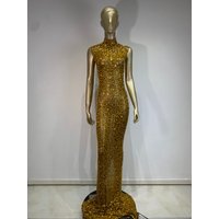 Women Luxury Gold Rhinestone Sexy Mesh Maxi Long Dress Sparkling Stage Costume Elegant Club Birthday Evening Party Dresses